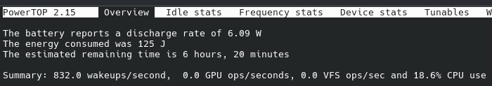 Powertop screenshot with 6+ hours of remaining battery